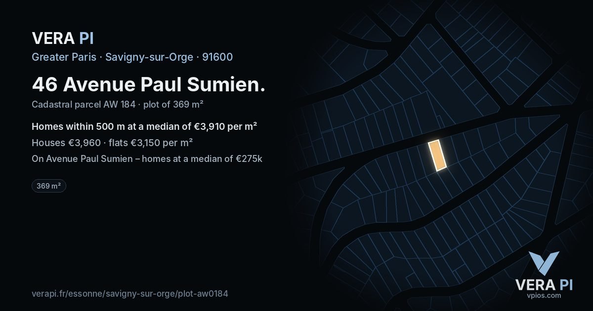 46 Avenue Paul Sumien, Savigny-sur-Orge at night – the plot lit, the parcels around coloured by the prices near them