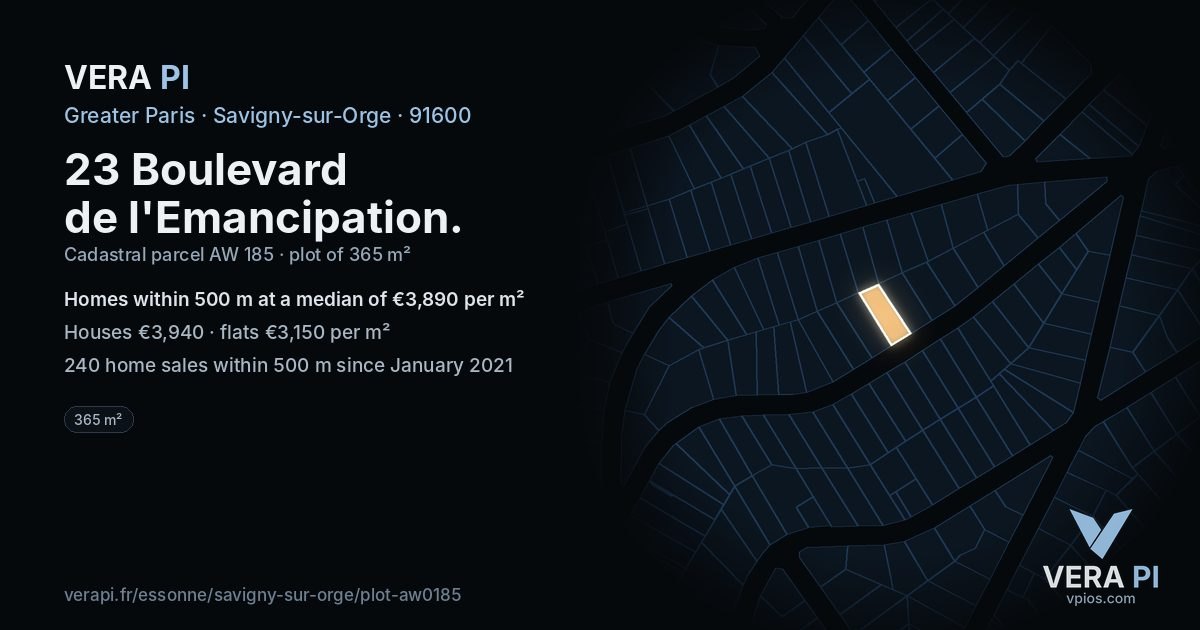 23 Boulevard de l'Emancipation, Savigny-sur-Orge at night – the plot lit, the parcels around coloured by the prices near them