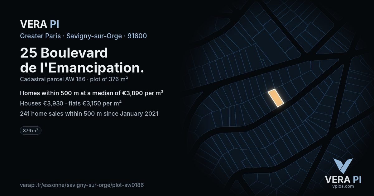 25 Boulevard de l'Emancipation, Savigny-sur-Orge at night – the plot lit, the parcels around coloured by the prices near them