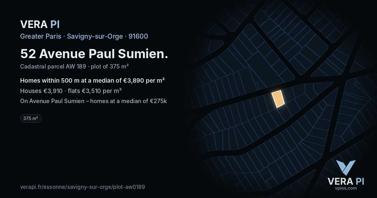 52 Avenue Paul Sumien, Savigny-sur-Orge at night – the plot lit, the parcels around coloured by the prices near them