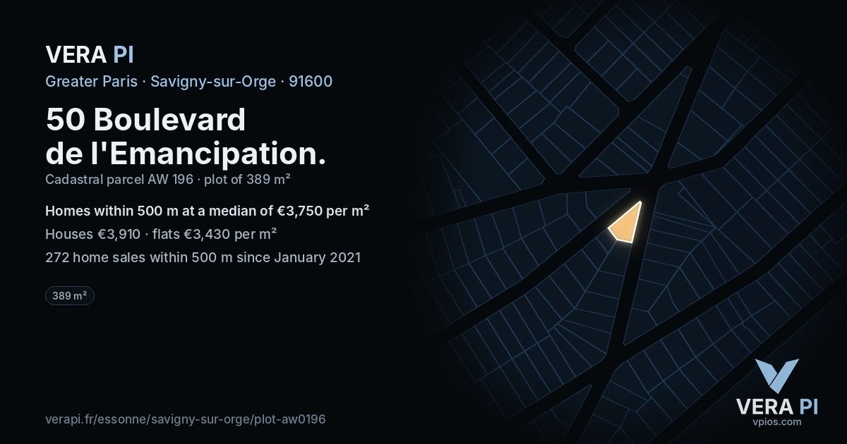 50 Boulevard de l'Emancipation, Savigny-sur-Orge at night – the plot lit, the parcels around coloured by the prices near them