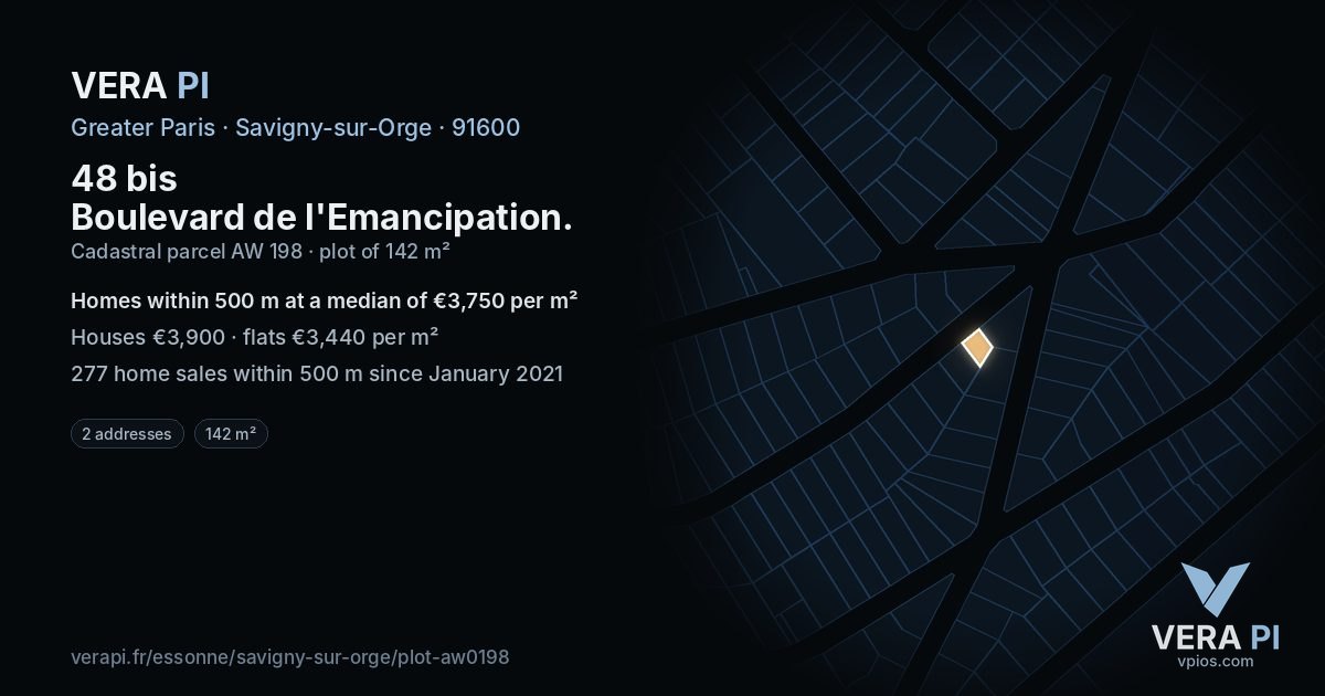 48 bis Boulevard de l'Emancipation, Savigny-sur-Orge at night – the plot lit, the parcels around coloured by the prices near them