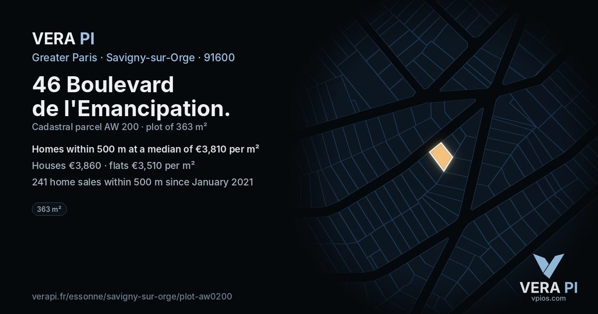 46 Boulevard de l'Emancipation, Savigny-sur-Orge at night – the plot lit, the parcels around coloured by the prices near them