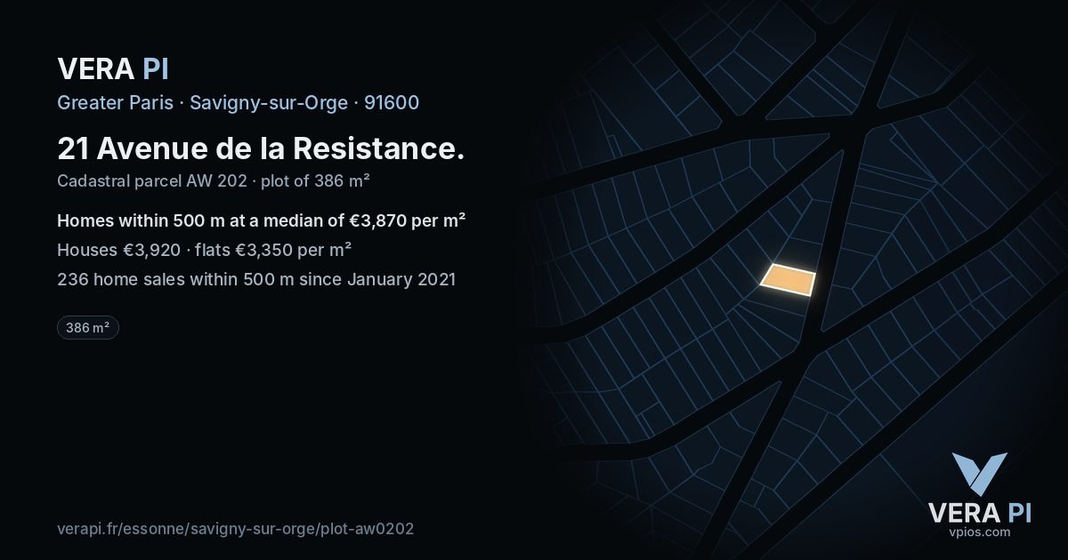 21 Avenue de la Resistance, Savigny-sur-Orge at night – the plot lit, the parcels around coloured by the prices near them