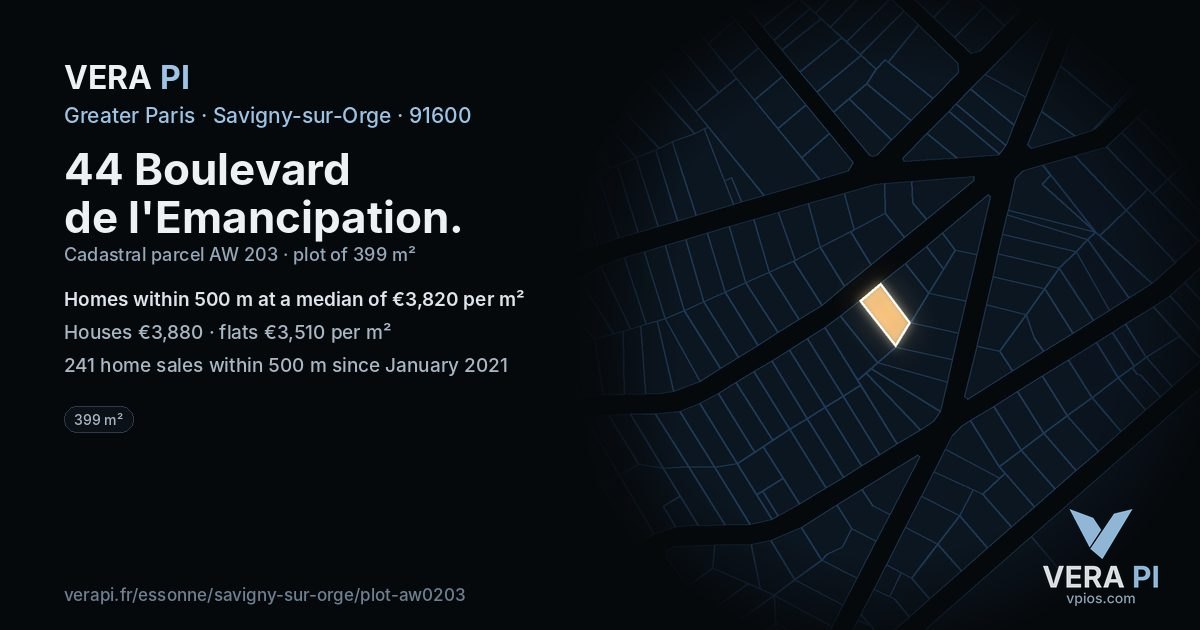 44 Boulevard de l'Emancipation, Savigny-sur-Orge at night – the plot lit, the parcels around coloured by the prices near them