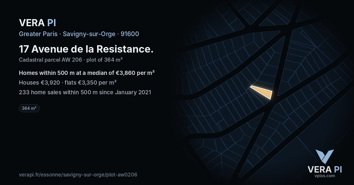 17 Avenue de la Resistance, Savigny-sur-Orge at night – the plot lit, the parcels around coloured by the prices near them
