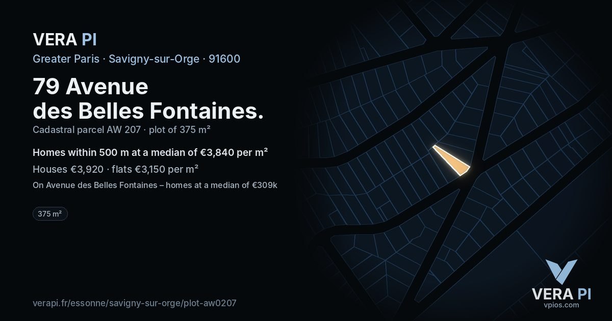 79 Avenue des Belles Fontaines, Savigny-sur-Orge at night – the plot lit, the parcels around coloured by the prices near them