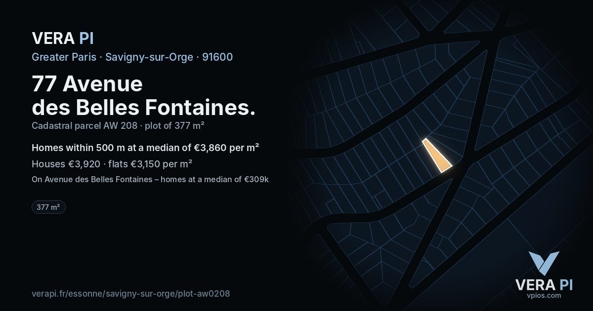 77 Avenue des Belles Fontaines, Savigny-sur-Orge at night – the plot lit, the parcels around coloured by the prices near them