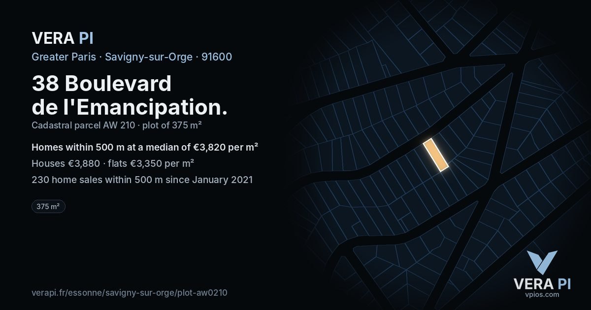 38 Boulevard de l'Emancipation, Savigny-sur-Orge at night – the plot lit, the parcels around coloured by the prices near them