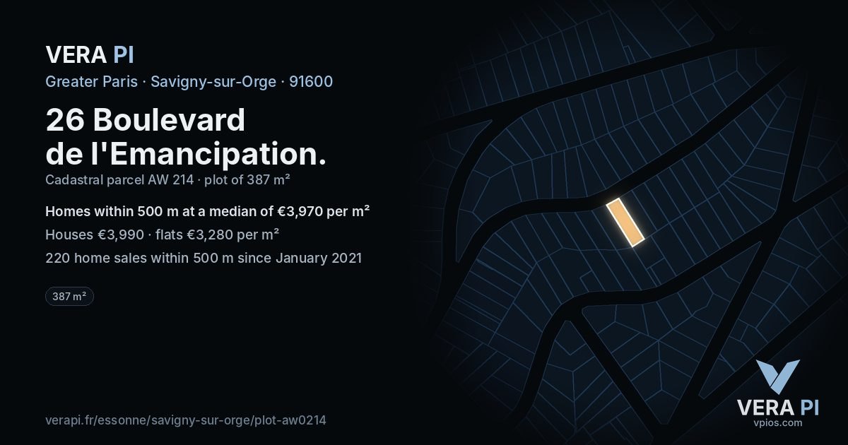 26 Boulevard de l'Emancipation, Savigny-sur-Orge at night – the plot lit, the parcels around coloured by the prices near them