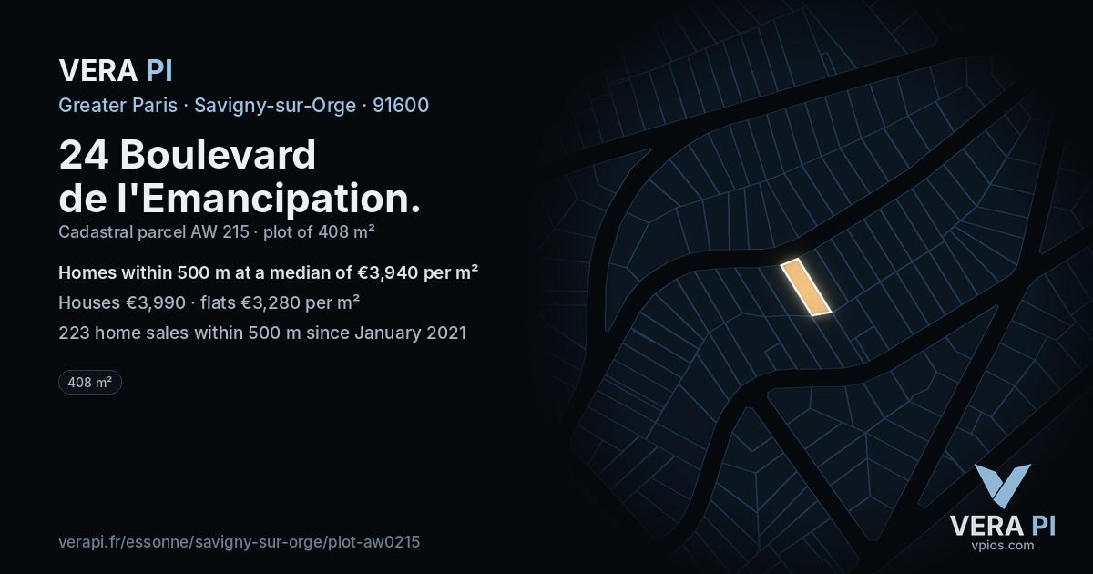 24 Boulevard de l'Emancipation, Savigny-sur-Orge at night – the plot lit, the parcels around coloured by the prices near them