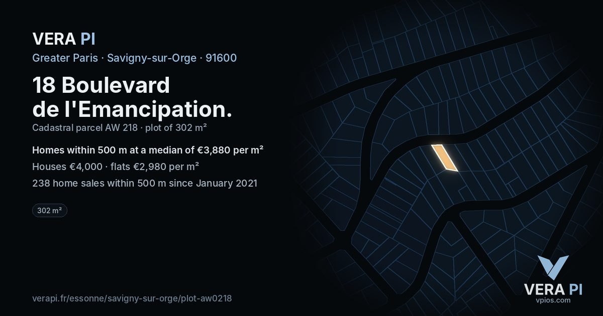 18 Boulevard de l'Emancipation, Savigny-sur-Orge at night – the plot lit, the parcels around coloured by the prices near them