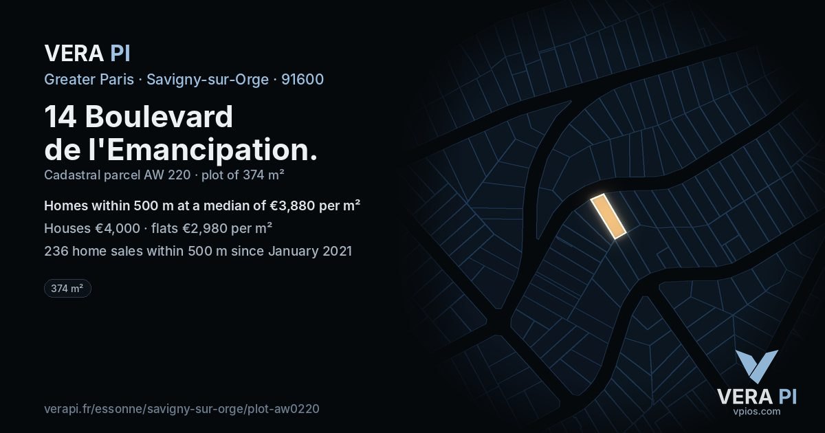 14 Boulevard de l'Emancipation, Savigny-sur-Orge at night – the plot lit, the parcels around coloured by the prices near them