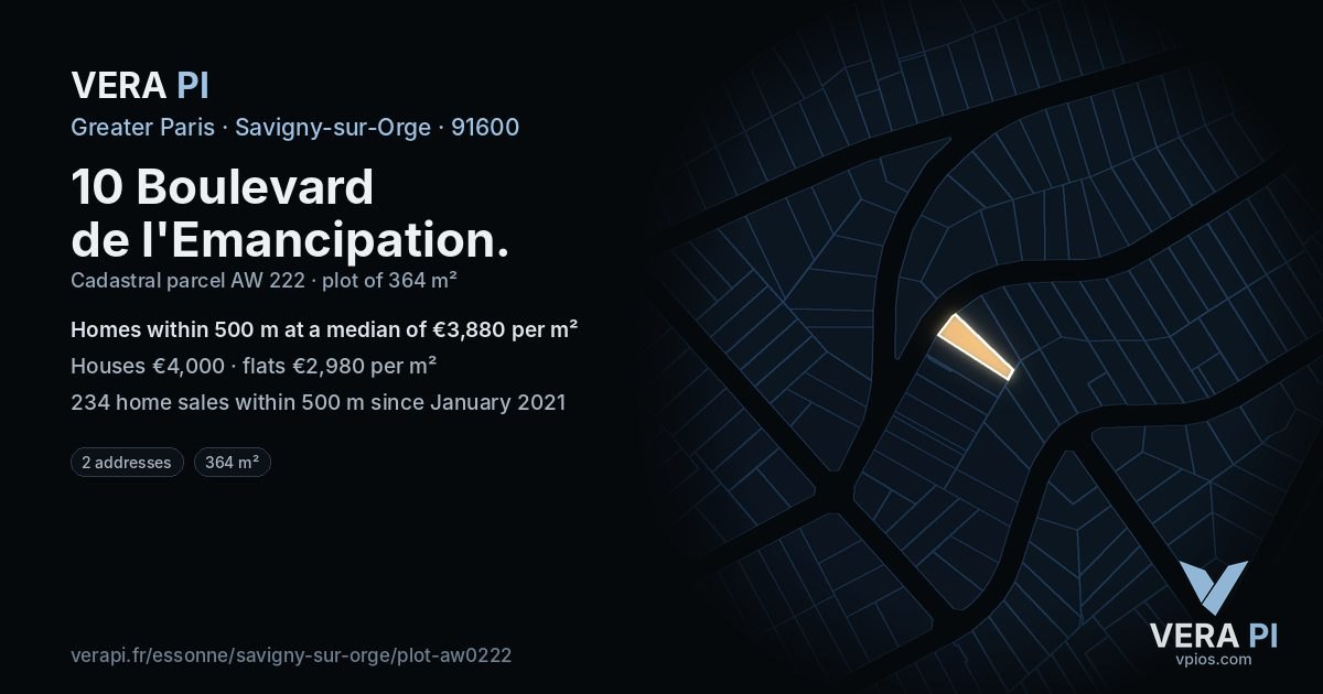 10 Boulevard de l'Emancipation, Savigny-sur-Orge at night – the plot lit, the parcels around coloured by the prices near them
