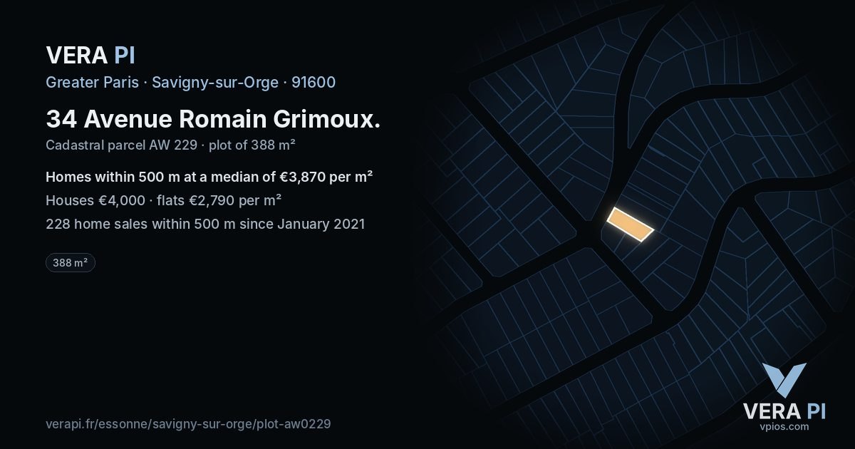 34 Avenue Romain Grimoux, Savigny-sur-Orge at night – the plot lit, the parcels around coloured by the prices near them