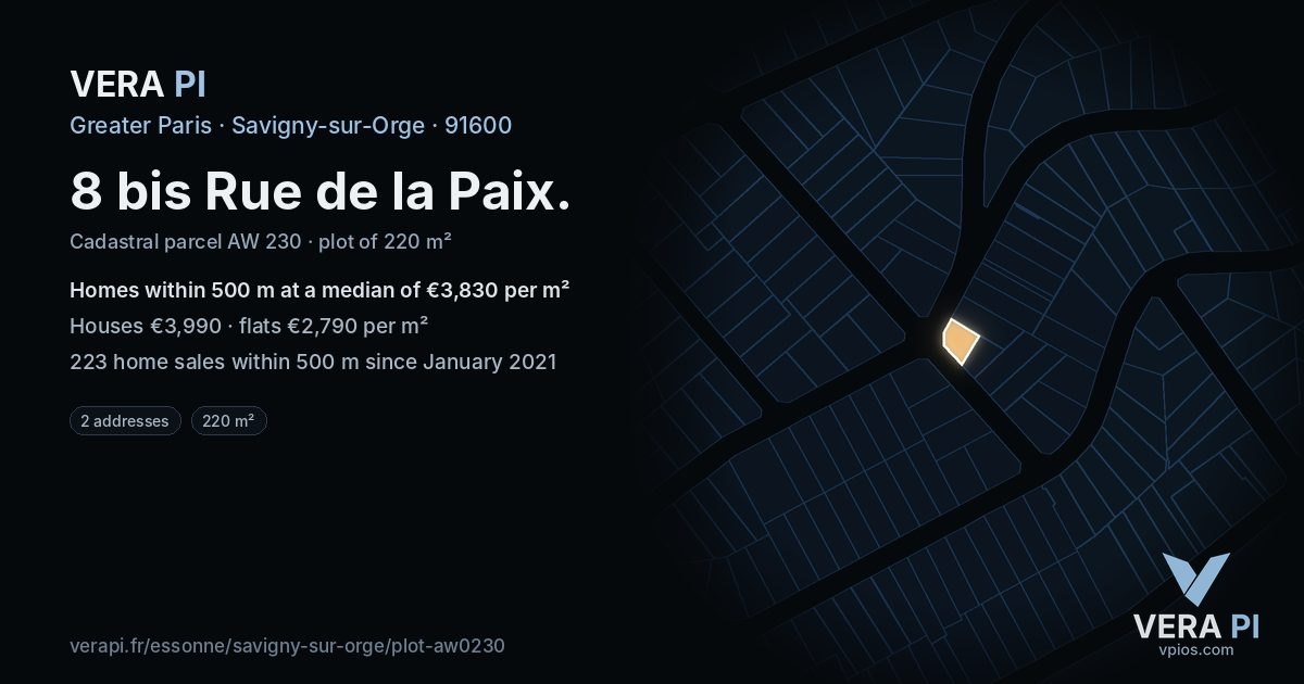 8 bis Rue de la Paix, Savigny-sur-Orge at night – the plot lit, the parcels around coloured by the prices near them