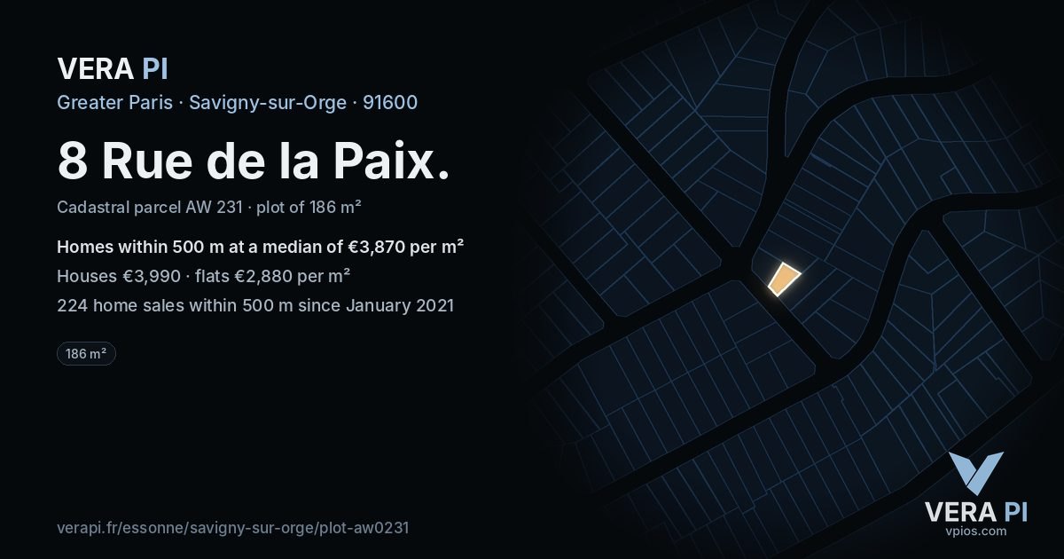 8 Rue de la Paix, Savigny-sur-Orge at night – the plot lit, the parcels around coloured by the prices near them