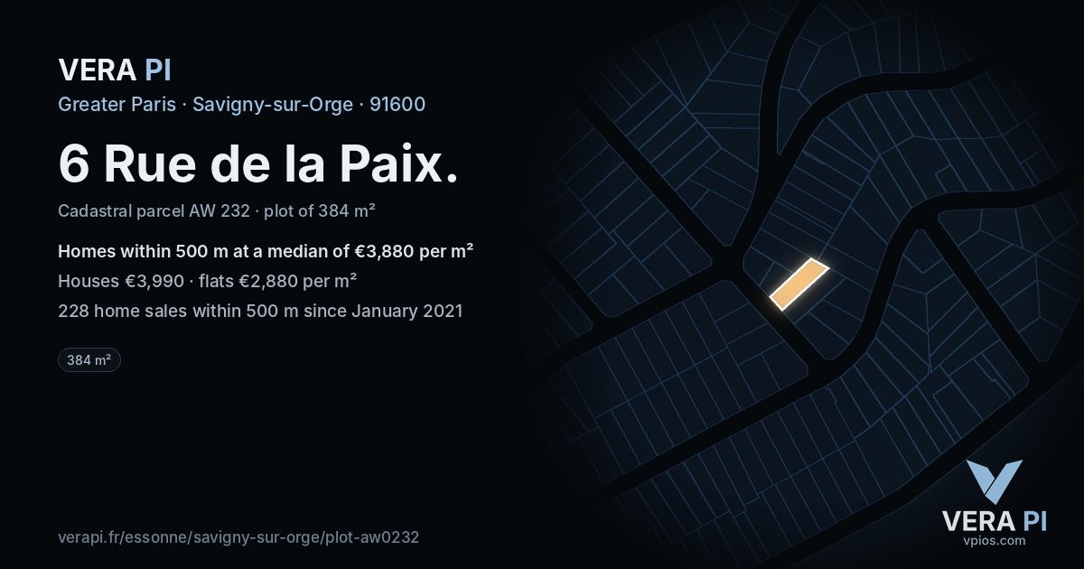 6 Rue de la Paix, Savigny-sur-Orge at night – the plot lit, the parcels around coloured by the prices near them