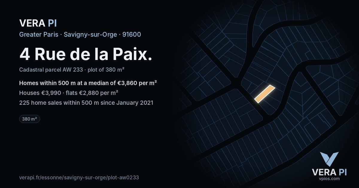 4 Rue de la Paix, Savigny-sur-Orge at night – the plot lit, the parcels around coloured by the prices near them