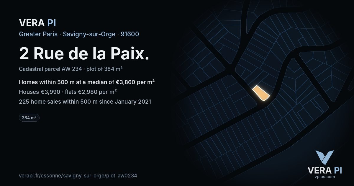 2 Rue de la Paix, Savigny-sur-Orge at night – the plot lit, the parcels around coloured by the prices near them