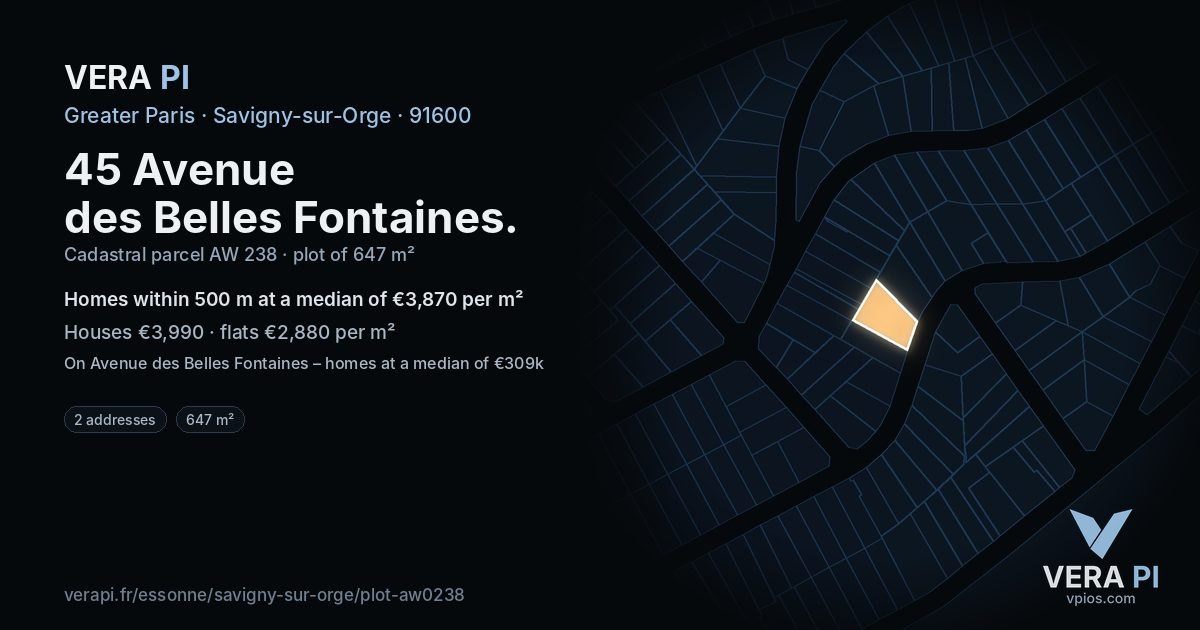 45 Avenue des Belles Fontaines, Savigny-sur-Orge at night – the plot lit, the parcels around coloured by the prices near them