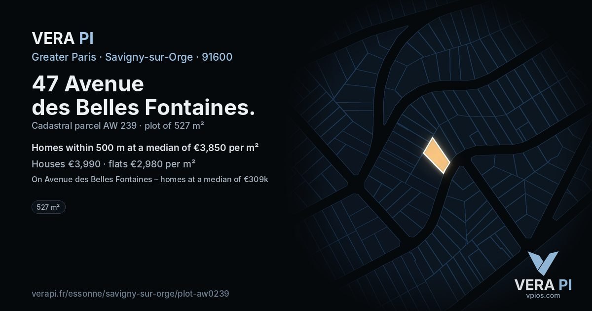 47 Avenue des Belles Fontaines, Savigny-sur-Orge at night – the plot lit, the parcels around coloured by the prices near them