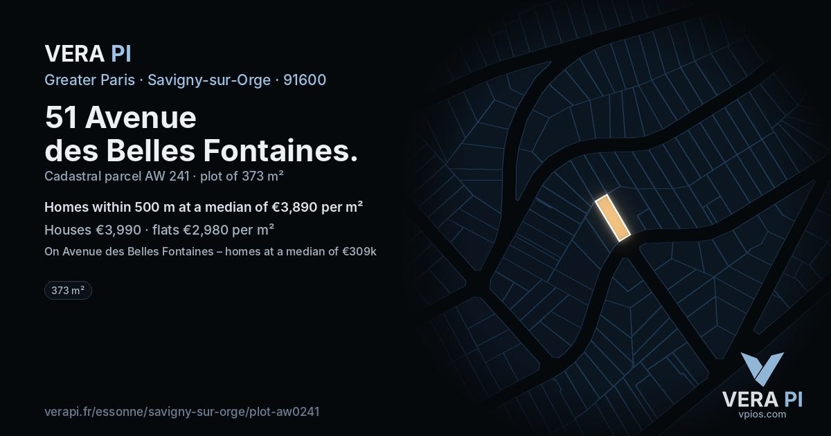 51 Avenue des Belles Fontaines, Savigny-sur-Orge at night – the plot lit, the parcels around coloured by the prices near them