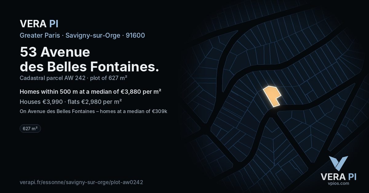 53 Avenue des Belles Fontaines, Savigny-sur-Orge at night – the plot lit, the parcels around coloured by the prices near them