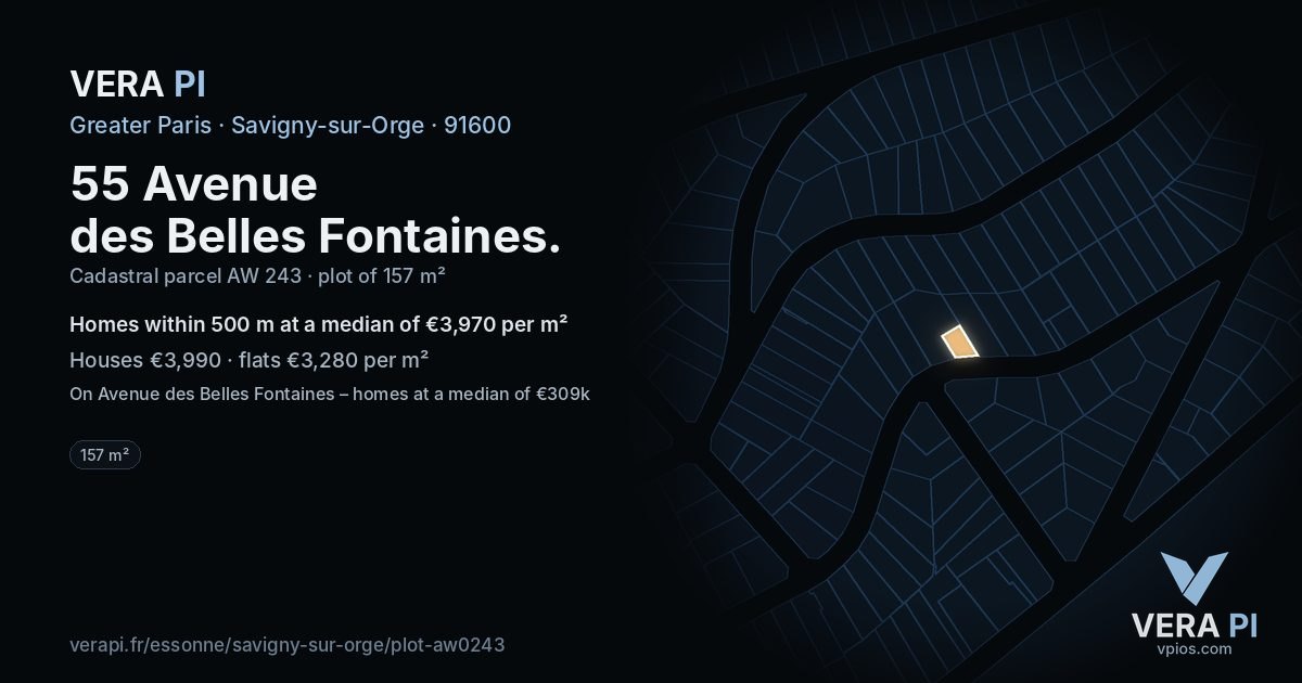 55 Avenue des Belles Fontaines, Savigny-sur-Orge at night – the plot lit, the parcels around coloured by the prices near them