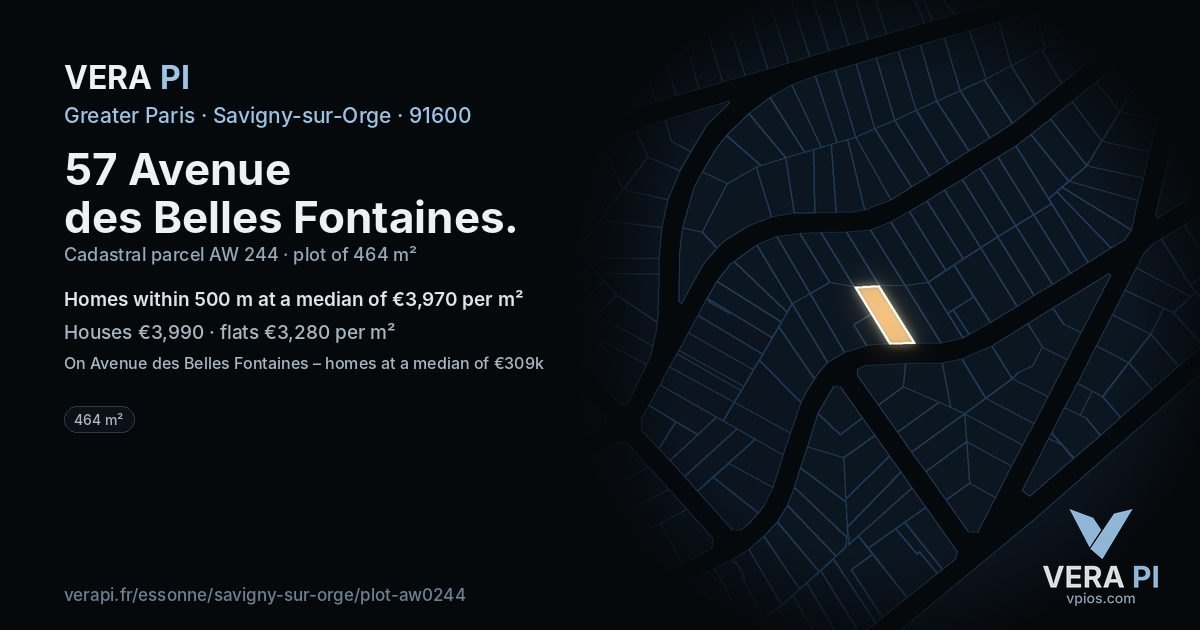 57 Avenue des Belles Fontaines, Savigny-sur-Orge at night – the plot lit, the parcels around coloured by the prices near them
