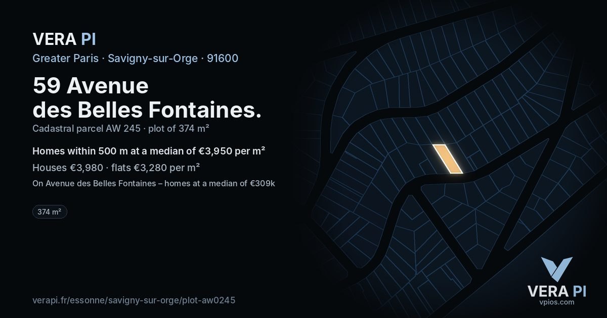 59 Avenue des Belles Fontaines, Savigny-sur-Orge at night – the plot lit, the parcels around coloured by the prices near them