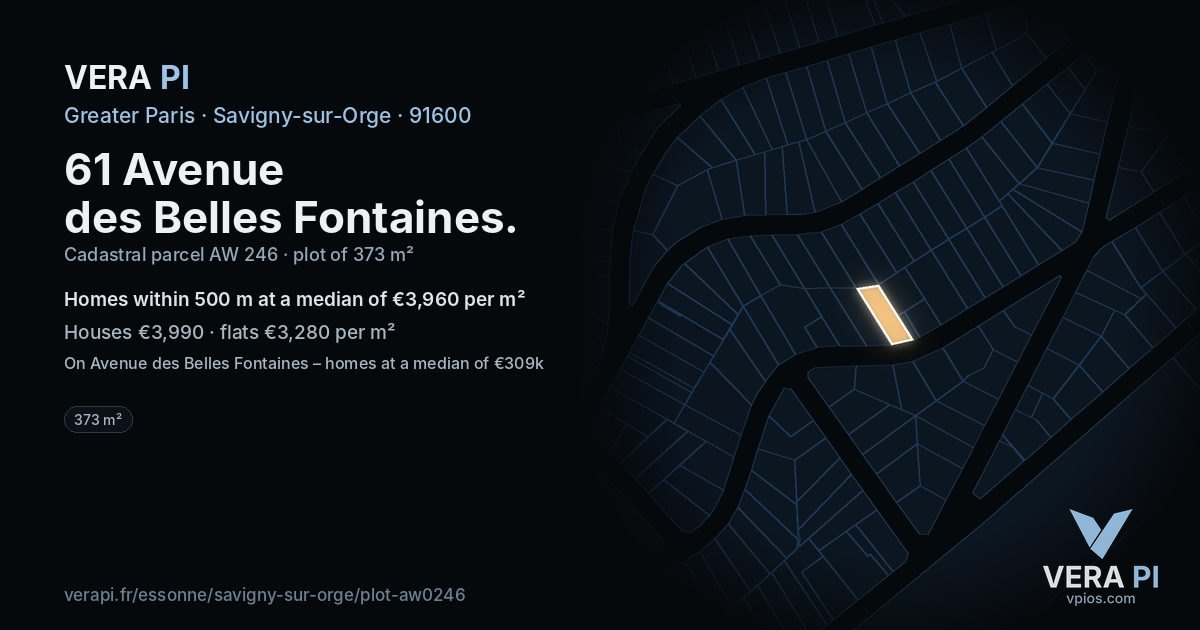 61 Avenue des Belles Fontaines, Savigny-sur-Orge at night – the plot lit, the parcels around coloured by the prices near them