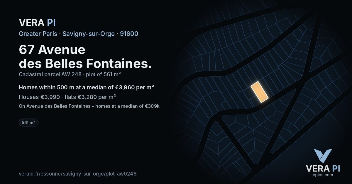 67 Avenue des Belles Fontaines, Savigny-sur-Orge at night – the plot lit, the parcels around coloured by the prices near them