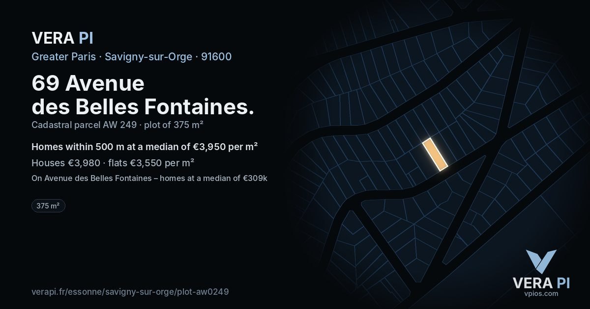 69 Avenue des Belles Fontaines, Savigny-sur-Orge at night – the plot lit, the parcels around coloured by the prices near them