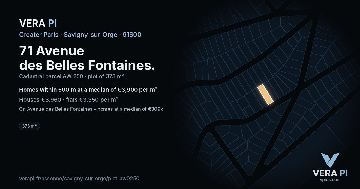 71 Avenue des Belles Fontaines, Savigny-sur-Orge at night – the plot lit, the parcels around coloured by the prices near them