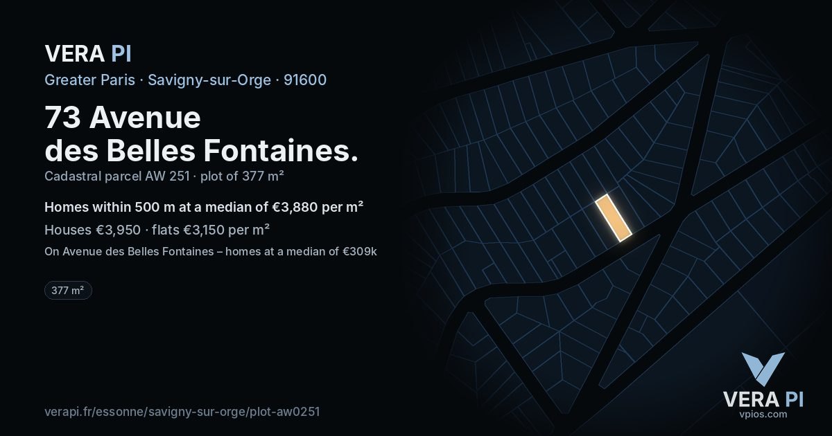 73 Avenue des Belles Fontaines, Savigny-sur-Orge at night – the plot lit, the parcels around coloured by the prices near them