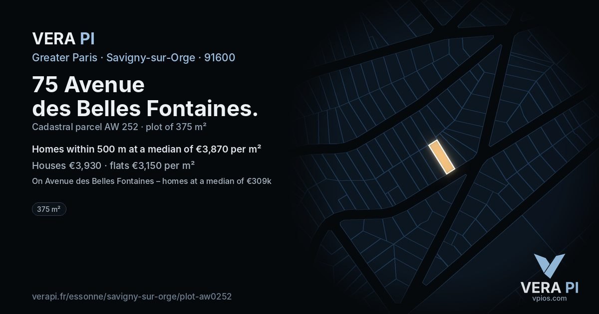 75 Avenue des Belles Fontaines, Savigny-sur-Orge at night – the plot lit, the parcels around coloured by the prices near them
