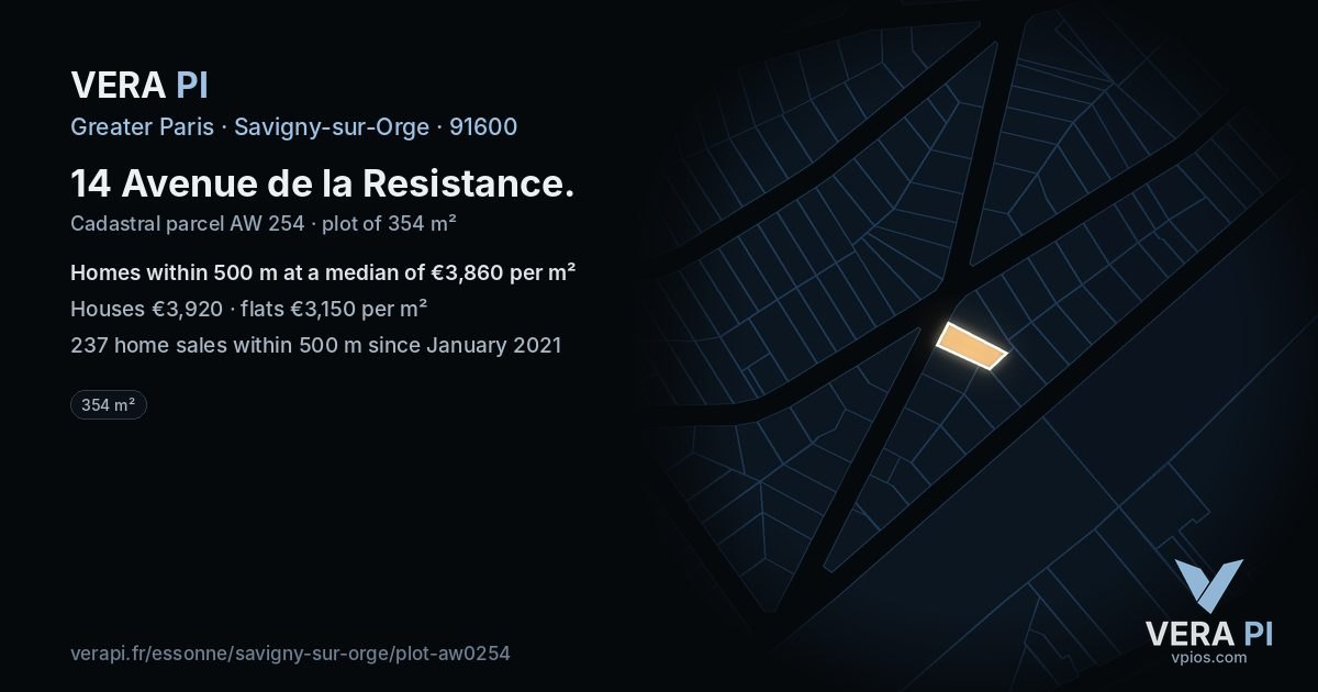 14 Avenue de la Resistance, Savigny-sur-Orge at night – the plot lit, the parcels around coloured by the prices near them