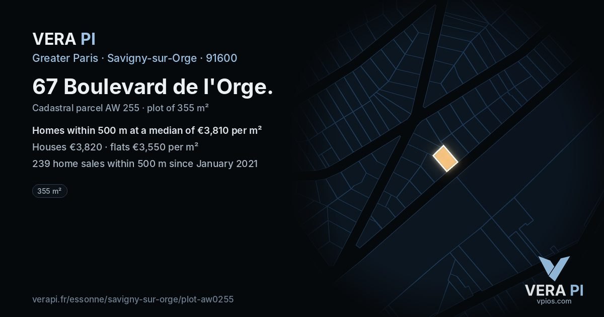 67 Boulevard de l'Orge, Savigny-sur-Orge at night – the plot lit, the parcels around coloured by the prices near them