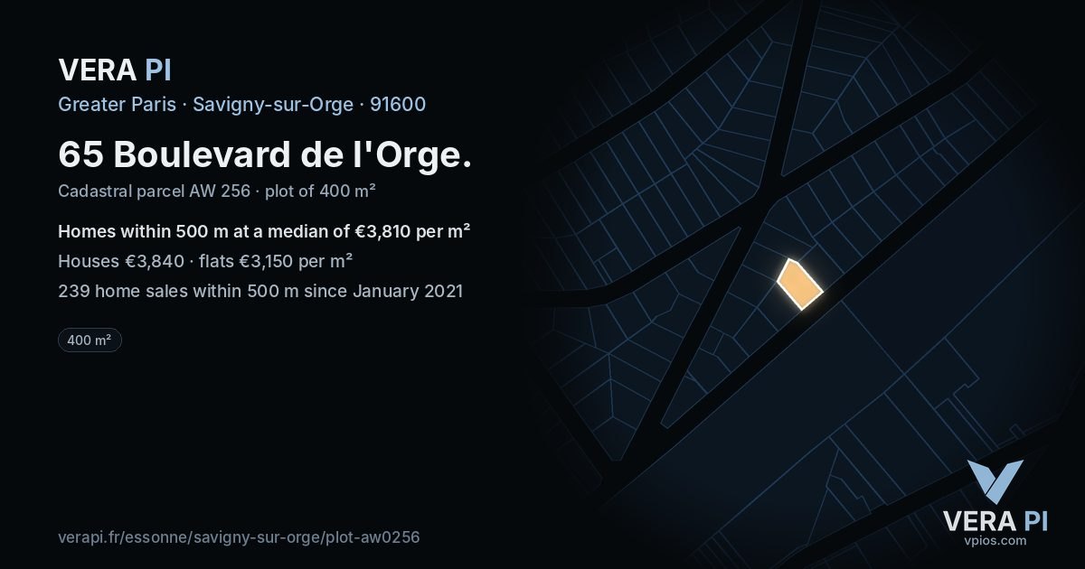 65 Boulevard de l'Orge, Savigny-sur-Orge at night – the plot lit, the parcels around coloured by the prices near them
