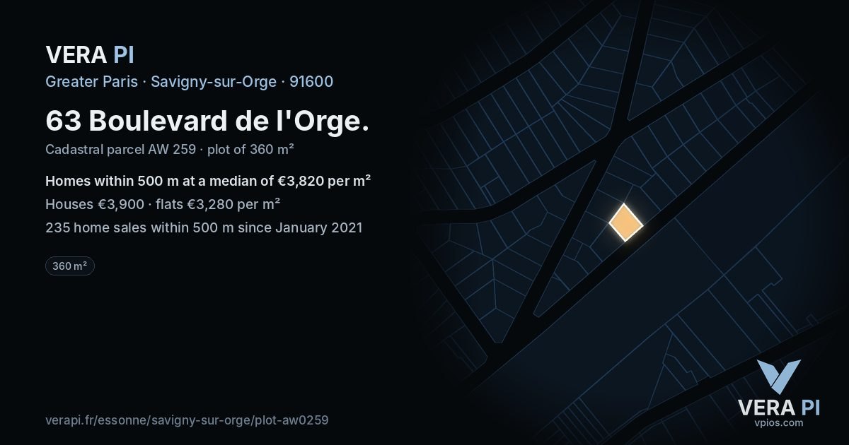 63 Boulevard de l'Orge, Savigny-sur-Orge at night – the plot lit, the parcels around coloured by the prices near them