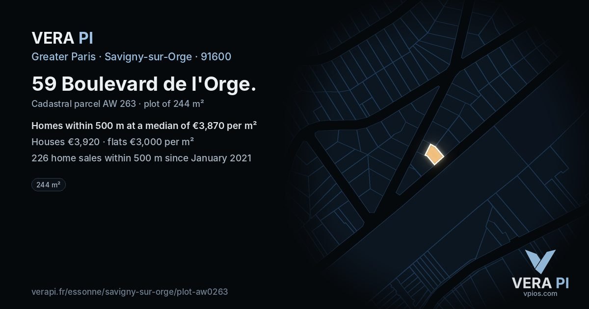 59 Boulevard de l'Orge, Savigny-sur-Orge at night – the plot lit, the parcels around coloured by the prices near them