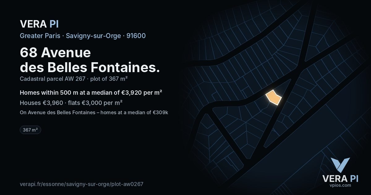 68 Avenue des Belles Fontaines, Savigny-sur-Orge at night – the plot lit, the parcels around coloured by the prices near them