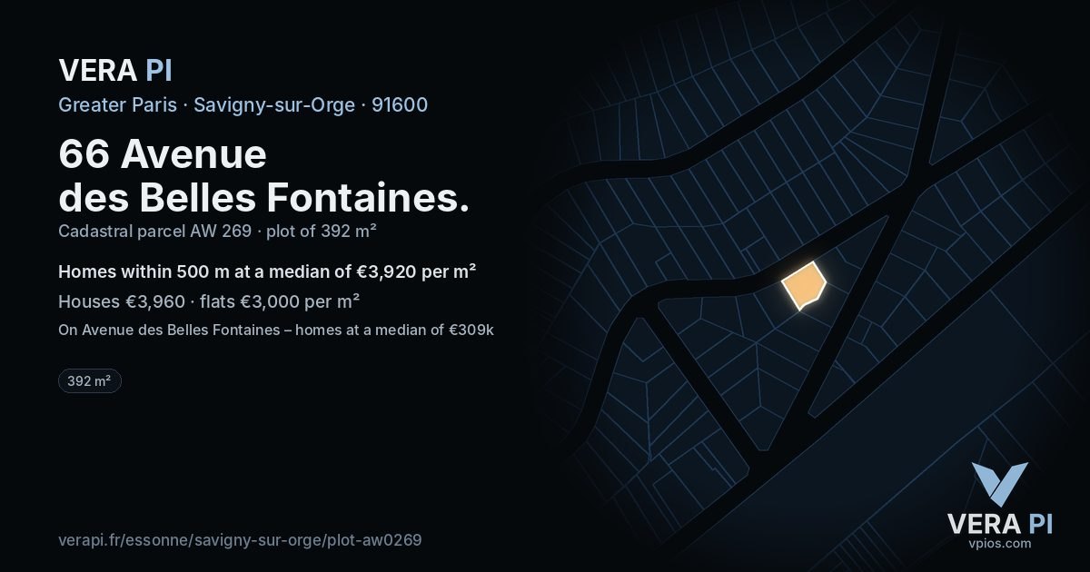 66 Avenue des Belles Fontaines, Savigny-sur-Orge at night – the plot lit, the parcels around coloured by the prices near them