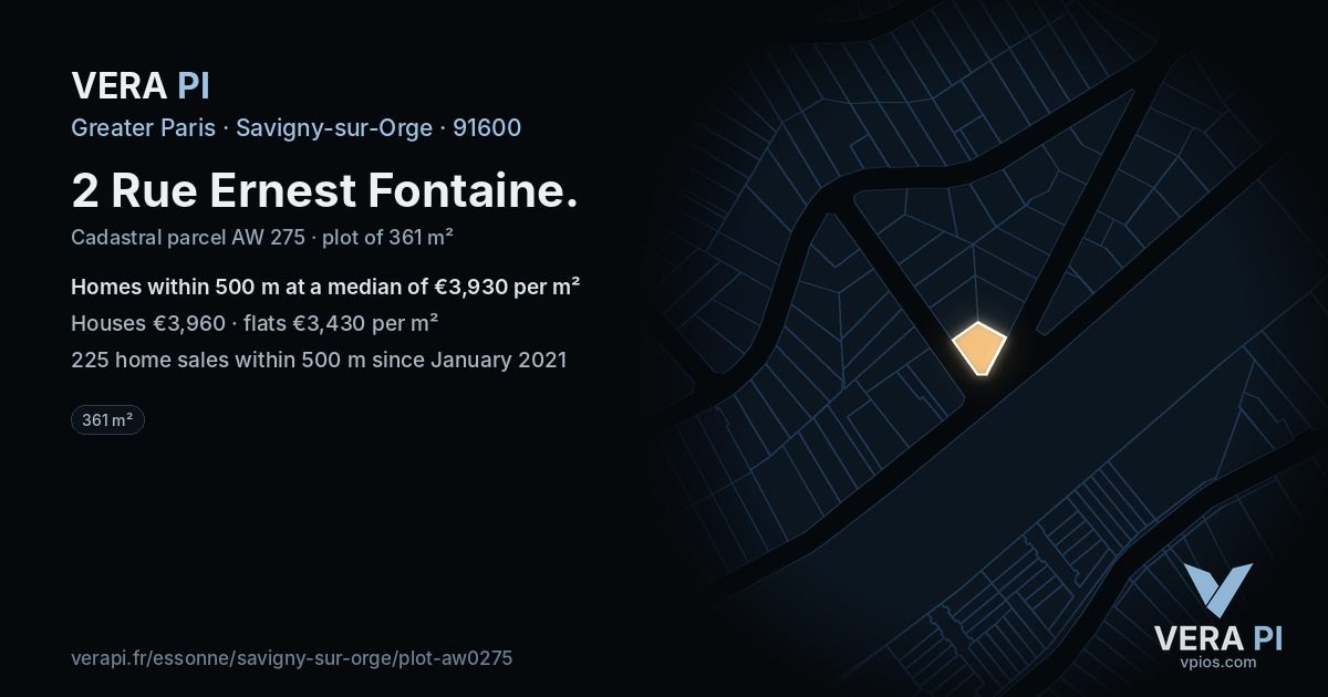 2 Rue Ernest Fontaine, Savigny-sur-Orge at night – the plot lit, the parcels around coloured by the prices near them