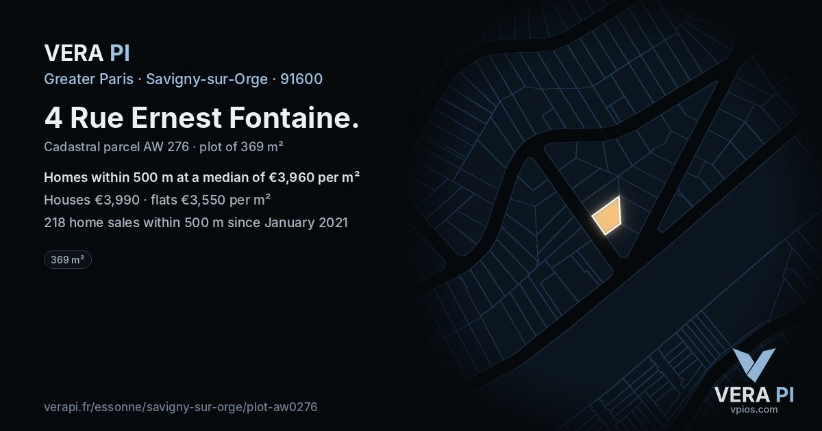 4 Rue Ernest Fontaine, Savigny-sur-Orge at night – the plot lit, the parcels around coloured by the prices near them