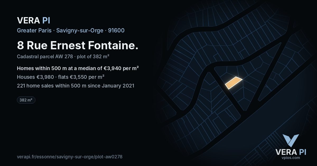 8 Rue Ernest Fontaine, Savigny-sur-Orge at night – the plot lit, the parcels around coloured by the prices near them