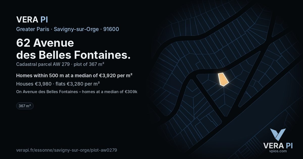 62 Avenue des Belles Fontaines, Savigny-sur-Orge at night – the plot lit, the parcels around coloured by the prices near them