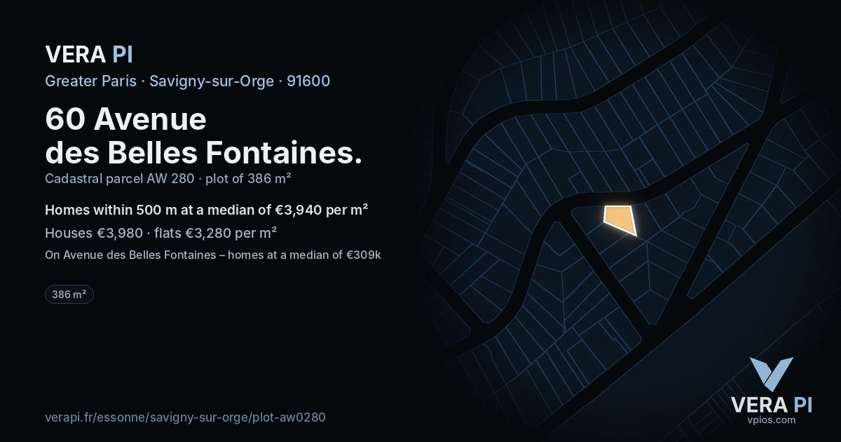 60 Avenue des Belles Fontaines, Savigny-sur-Orge at night – the plot lit, the parcels around coloured by the prices near them