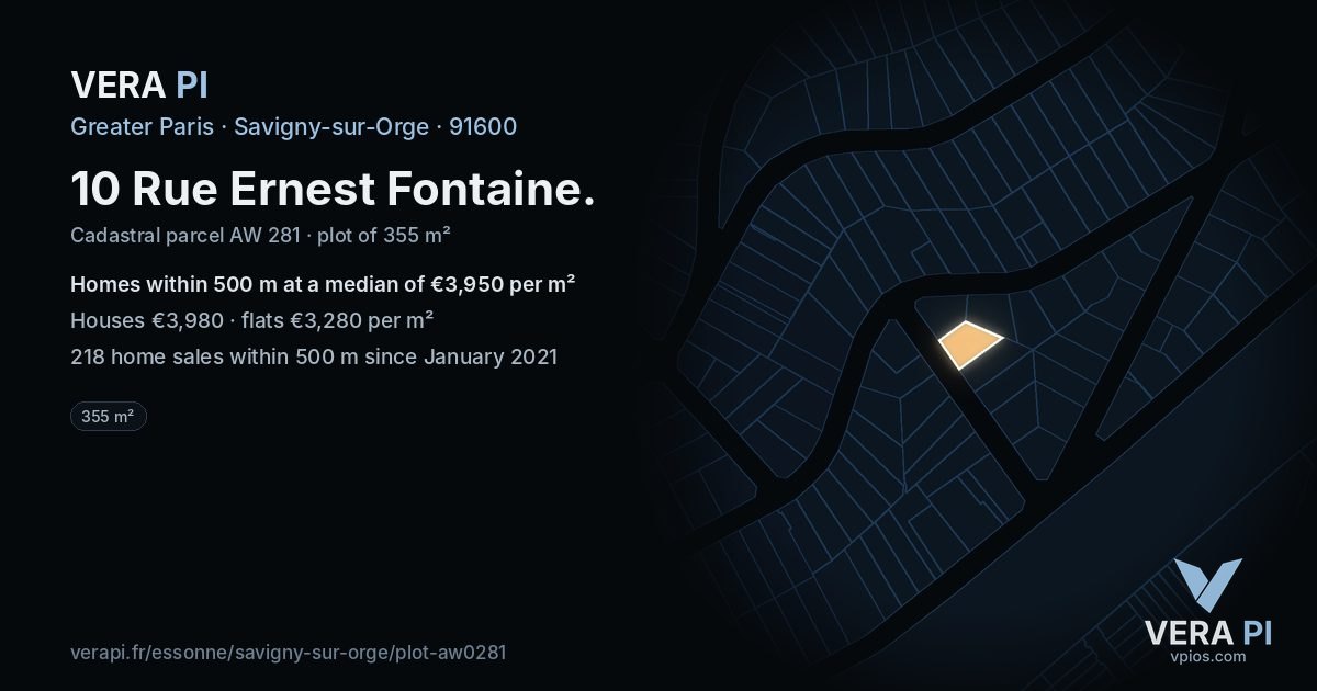 10 Rue Ernest Fontaine, Savigny-sur-Orge at night – the plot lit, the parcels around coloured by the prices near them